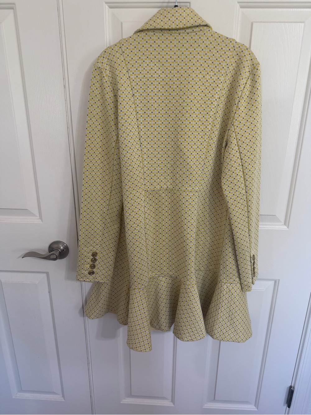 CAbi Hobnob Topper - Yellow Patterned Double-Breasted Peacoat with Ruffle Hem - Picture 7 of 10